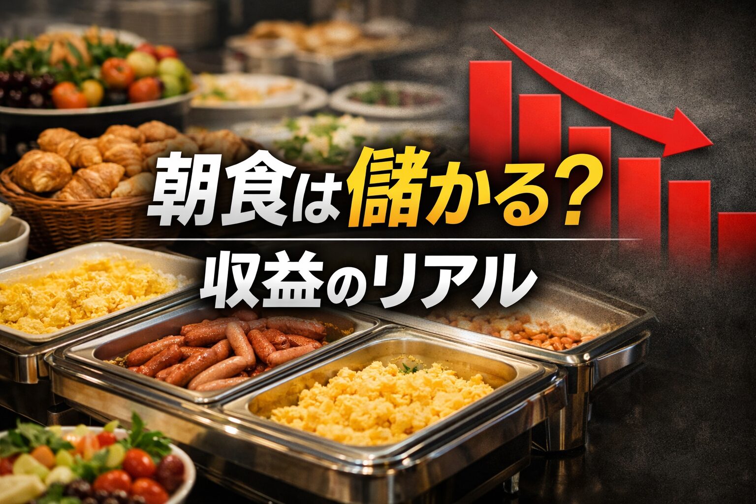 ホテル朝食は儲かるのかを表現したビュッフェと収益グラフのイメージ