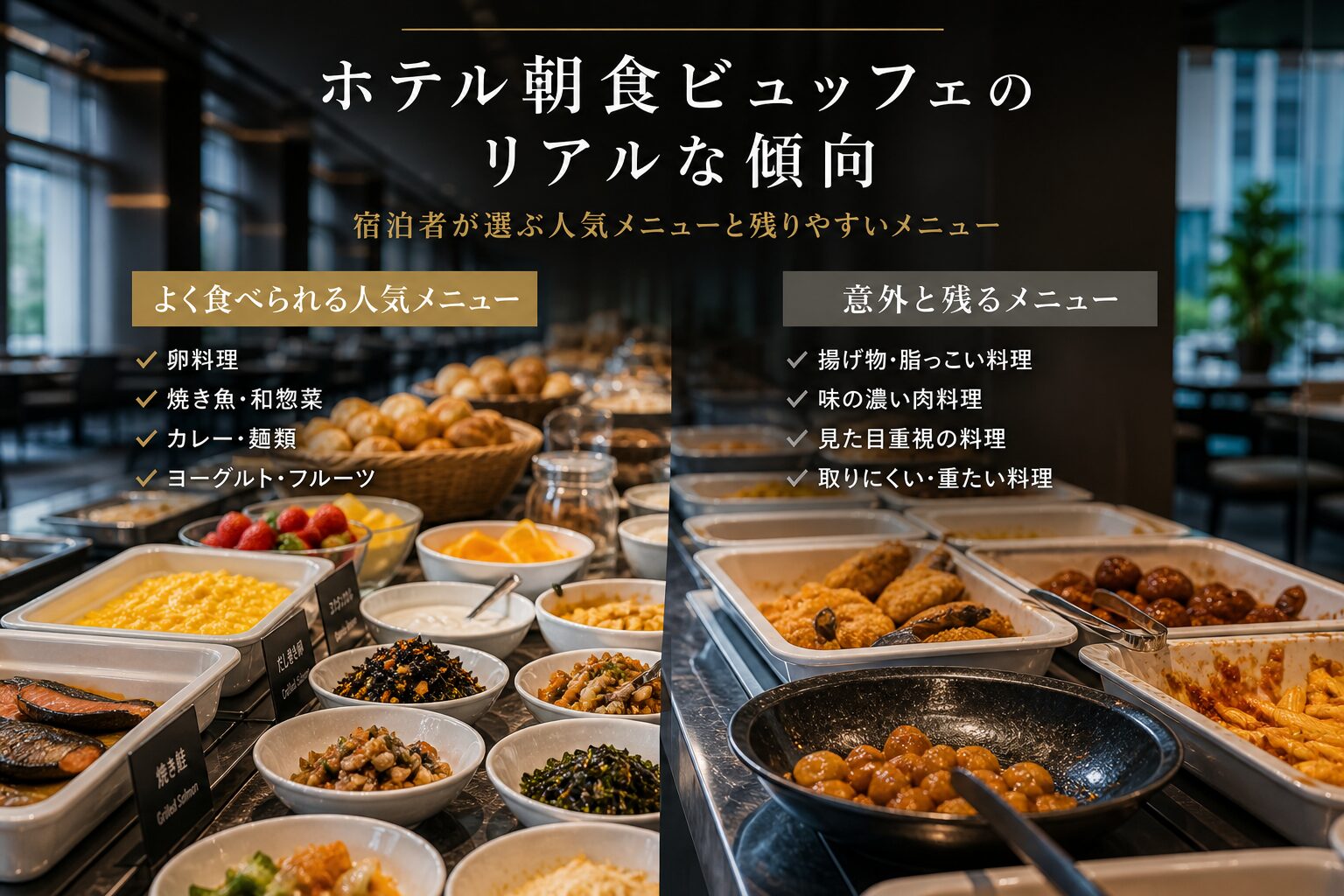 ホテル朝食ビュッフェで人気メニューと残りやすいメニューの傾向を比較したイメージ