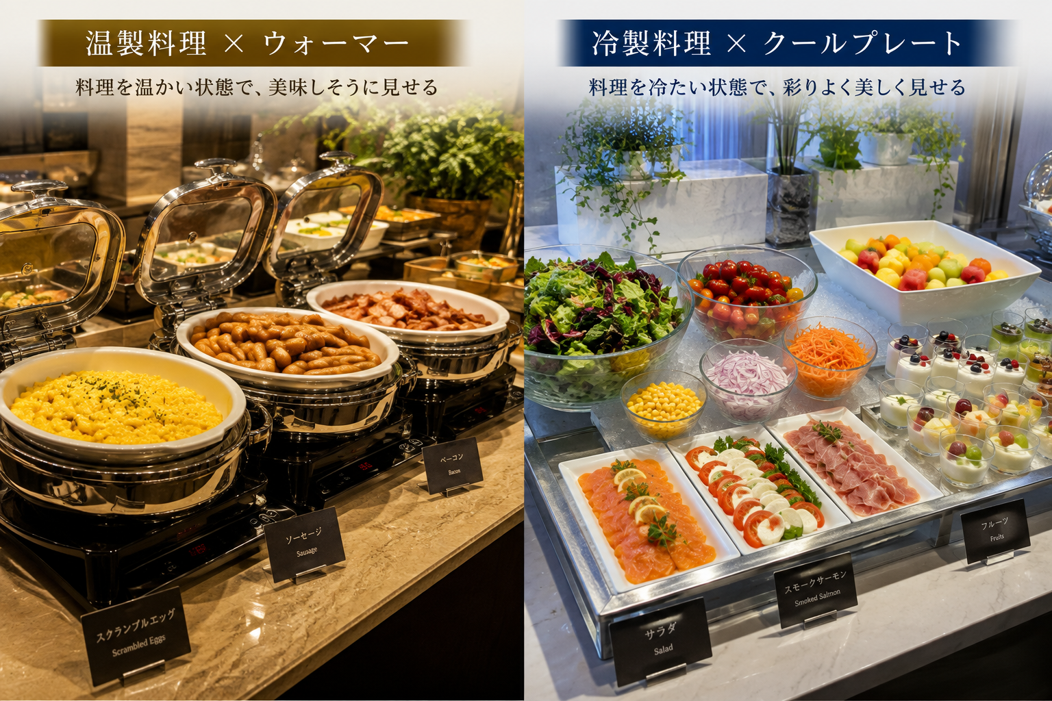 ホテル朝食ビュッフェのウォーマーとクールプレートによる温製・冷製料理の提供