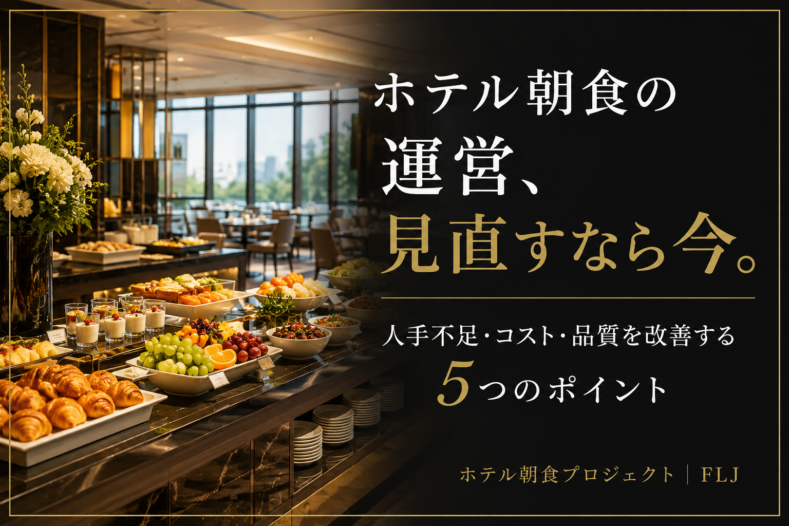 ホテル朝食のビュッフェ会場と「ホテル朝食の運営、見直すなら今」と表示されたアイキャッチ画像