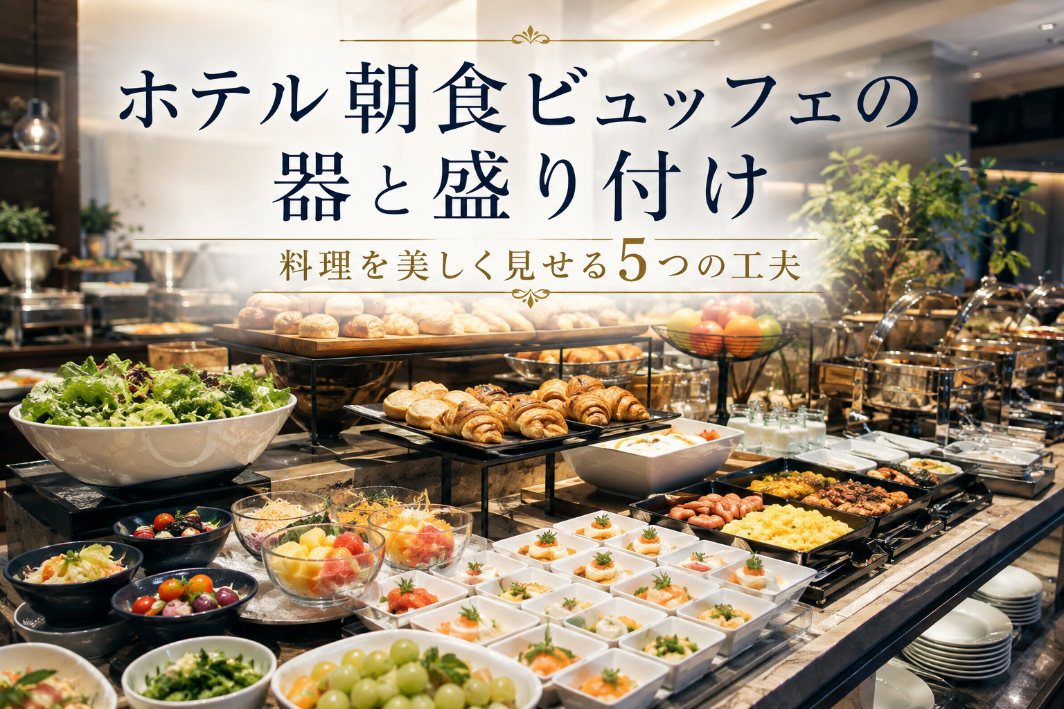 ホテル朝食ビュッフェの器と盛り付けを工夫した料理