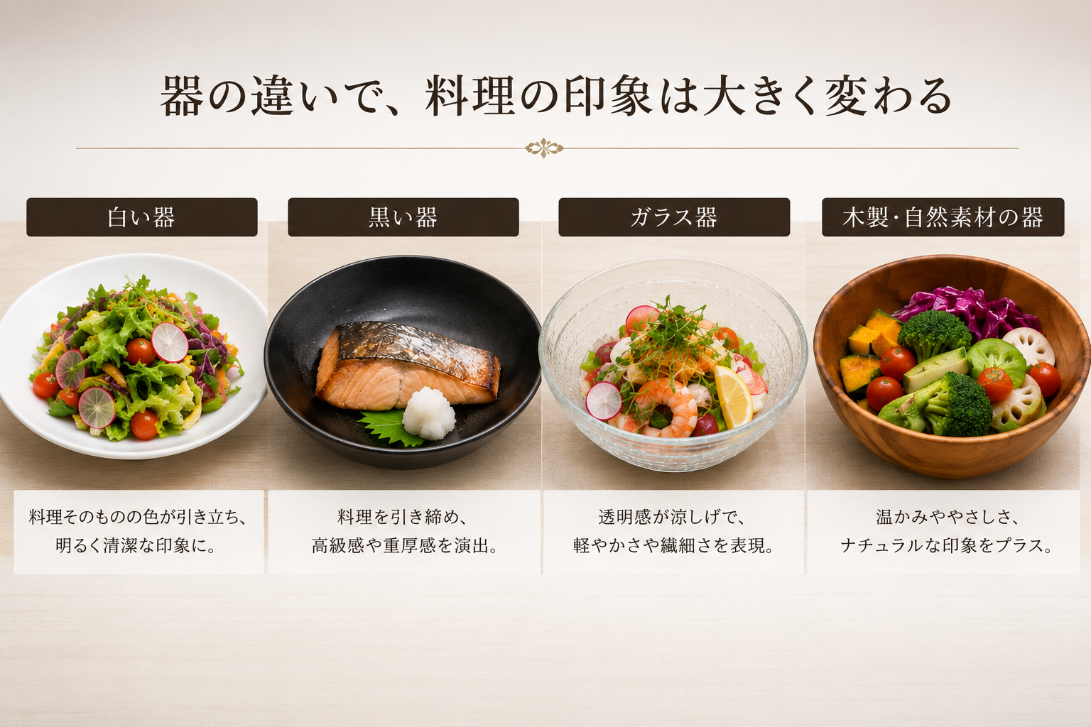 ホテル朝食ビュッフェで器の違いによる料理の見え方を比較